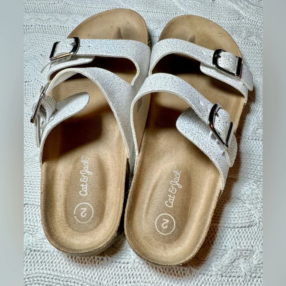 Girls Cat & Jack White Glitter Buckle Slip On Sandals #1164